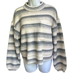 UpWest Gray and Cream Mock Neck Sweater with Stripes